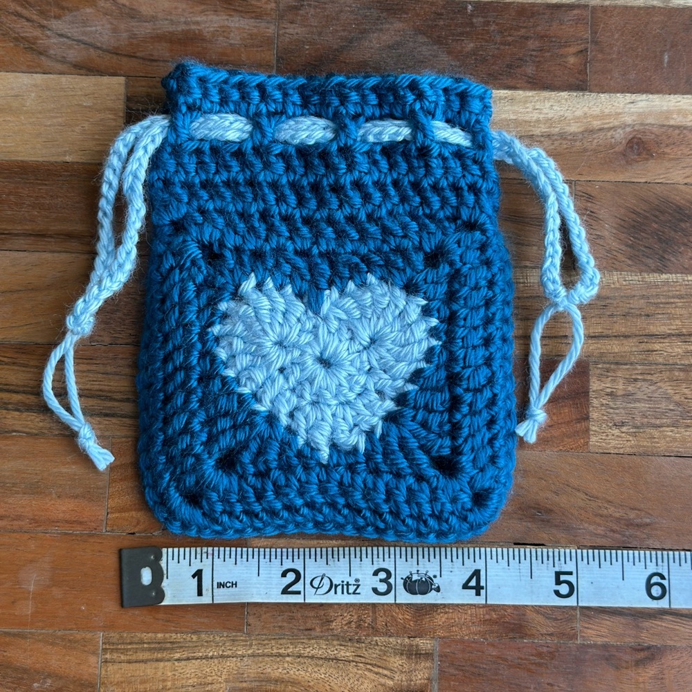 Handmade Blue Crochet Pouch with Heart Design - Picture 5 of 5